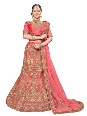 Peach Embroidered Silk Semi Stitched Lehenga With Dupatta 1