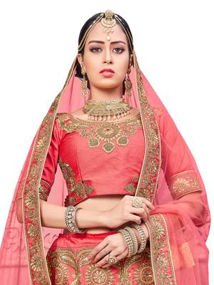 Peach Embroidered Silk Semi Stitched Lehenga With Dupatta 2