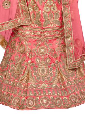 Peach Embroidered Silk Semi Stitched Lehenga With Dupatta 4