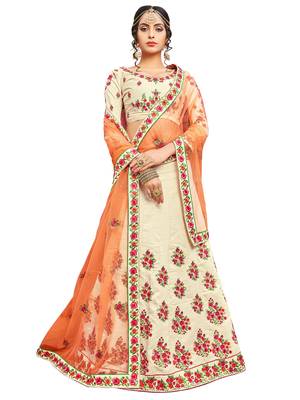 Beige Embroidered Silk Semi Stitched Lehenga With Dupatta 1