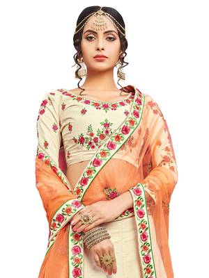 Beige Embroidered Silk Semi Stitched Lehenga With Dupatta 2