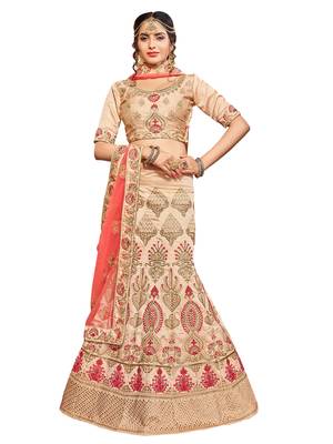 Beige Embroidered Silk Semi Stitched Lehenga With Dupatta 1