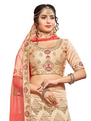 Beige Embroidered Silk Semi Stitched Lehenga With Dupatta 2