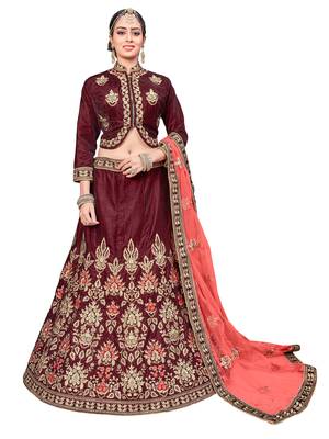 Maroon Embroidered Velvet Semi Stitched Lehenga With Dupatta 1
