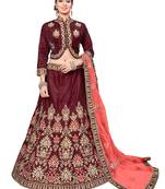 Maroon Embroidered Velvet Semi Stitched Lehenga With Dupatta