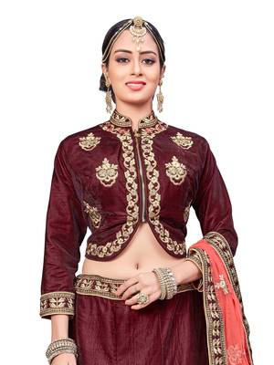 Maroon Embroidered Velvet Semi Stitched Lehenga With Dupatta 2