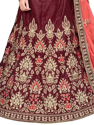 Maroon Embroidered Velvet Semi Stitched Lehenga With Dupatta 4