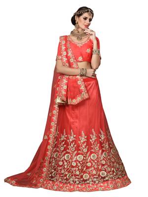 Peach Embroidered Net Semi Stitched Lehenga With Dupatta 1