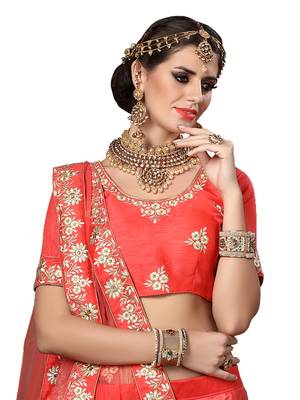 Peach Embroidered Net Semi Stitched Lehenga With Dupatta 2