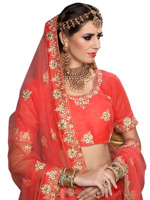 Peach Embroidered Net Semi Stitched Lehenga With Dupatta 4
