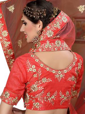 Peach Embroidered Net Semi Stitched Lehenga With Dupatta 5