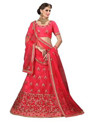 Pink Embroidered Net Semi Stitched Lehenga With Dupatta 1