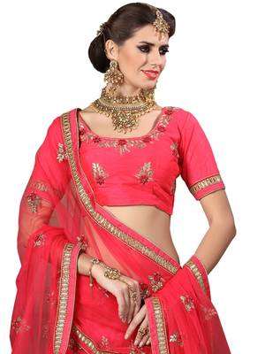 Pink Embroidered Net Semi Stitched Lehenga With Dupatta 2