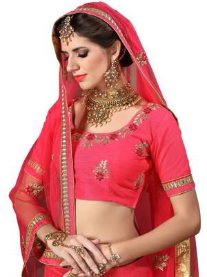 Pink Embroidered Net Semi Stitched Lehenga With Dupatta 4