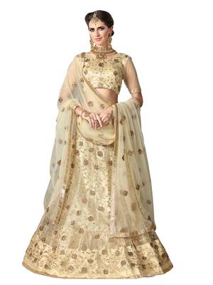 Beige Embroidered Net Semi Stitched Lehenga With Dupatta 1