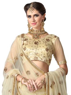 Beige Embroidered Net Semi Stitched Lehenga With Dupatta 2