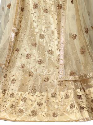 Beige Embroidered Net Semi Stitched Lehenga With Dupatta 3