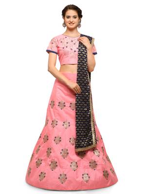 Peach Embroidered Silk Semi Stitched Lehenga With Dupatta 1