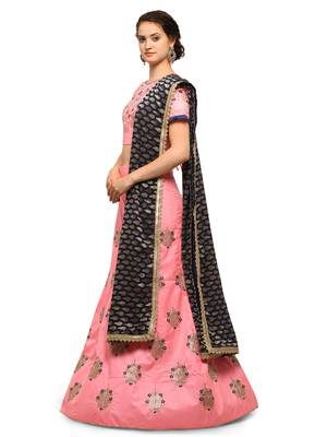 Peach Embroidered Silk Semi Stitched Lehenga With Dupatta 2