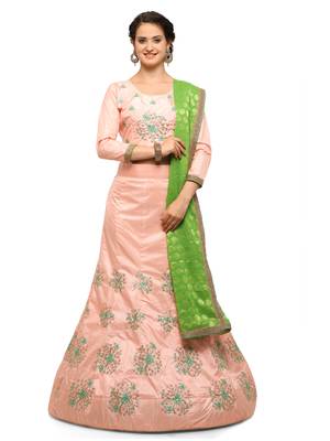 Peach Embroidered Silk Semi Stitched Lehenga With Dupatta 1