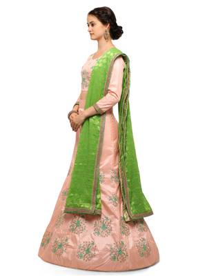 Peach Embroidered Silk Semi Stitched Lehenga With Dupatta 2