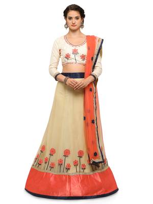 Beige Embroidered Net Semi Stitched Lehenga With Dupatta 1