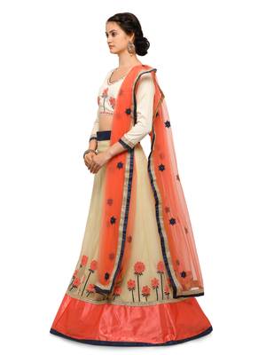 Beige Embroidered Net Semi Stitched Lehenga With Dupatta 4