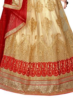 Beige Embroidered Net Semi Stitched Lehenga With Dupatta 4