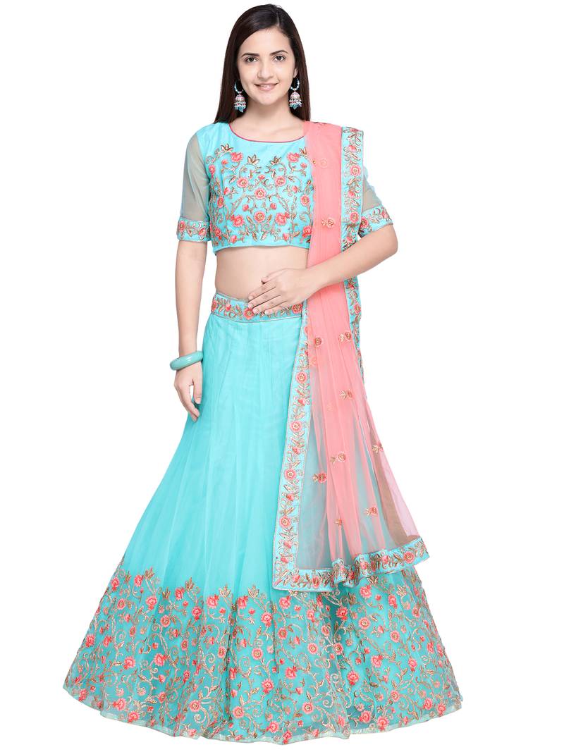Light-Blue Embroidered Net Semi Stitched Lehenga With Dupatta