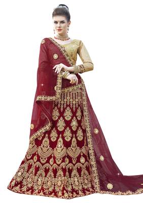 Maroon Embroidered Velvet Semi Stitched Lehenga With Dupatta 1