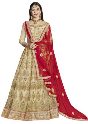 Beige Embroidered Net Semi Stitched Lehenga With Dupatta 1