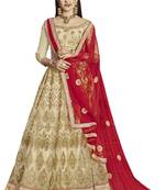 Beige Embroidered Net Semi Stitched Lehenga With Dupatta