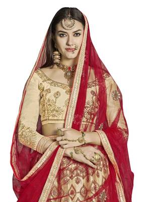 Beige Embroidered Net Semi Stitched Lehenga With Dupatta 2
