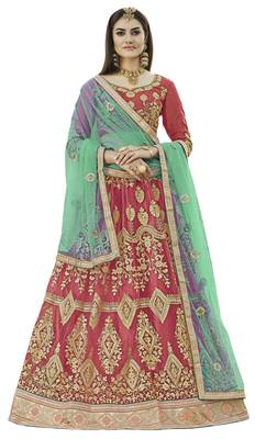 Pink Embroidered Net Semi Stitched Lehenga With Dupatta 1