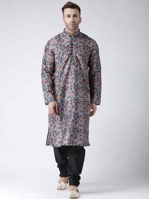Black Printed Silk Blend Kurta Pajama 1