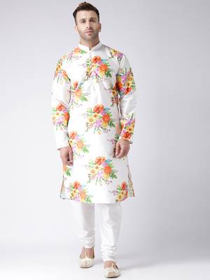 White Printed Silk Blend Kurta Pajama 1