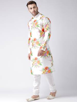 White Printed Silk Blend Kurta Pajama 2