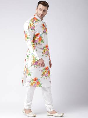 White Printed Silk Blend Kurta Pajama 3