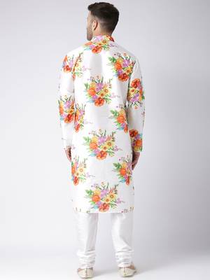 White Printed Silk Blend Kurta Pajama 4