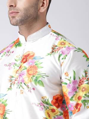 White Printed Silk Blend Kurta Pajama 5