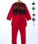 Red plain polyester kids kurta with pyjama