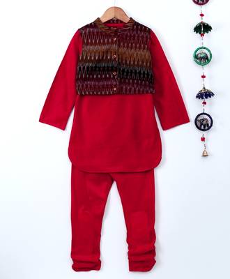 Red plain polyester kids kurta with pyjama 2