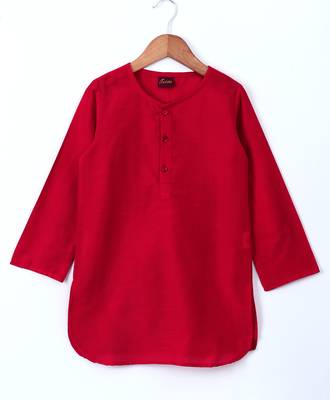 Red plain polyester kids kurta with pyjama 3