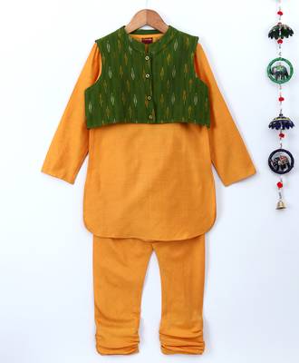 Gold plain polyester kids kurta with pyjama 1