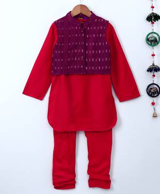 Red plain polyester kids kurta with pyjama 1