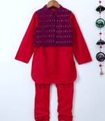 Red plain polyester kids kurta with pyjama