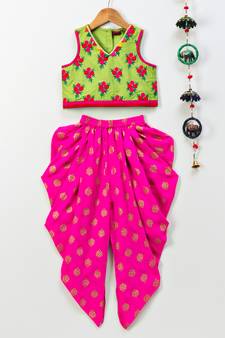 Green printed top with pink foil print dhoti