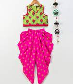 Green printed top with pink foil print dhoti