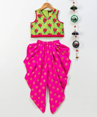 Green printed top with pink foil print dhoti 2