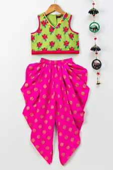 Green printed top with pink foil print dhoti